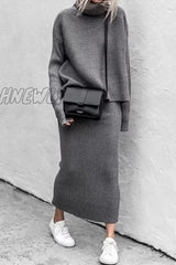 Hnewly - Casual Solid Patchwork Turtleneck Long Sleeve Two Pieces(5 Colors) Grey / S