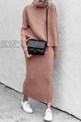 Hnewly - Casual Solid Patchwork Turtleneck Long Sleeve Two Pieces(5 Colors) Pink / S