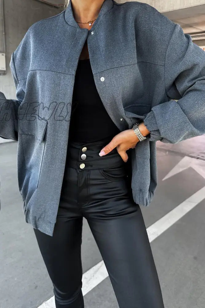 Hnewly - Casual Solid Pocket O Neck Outerwear Grey / S