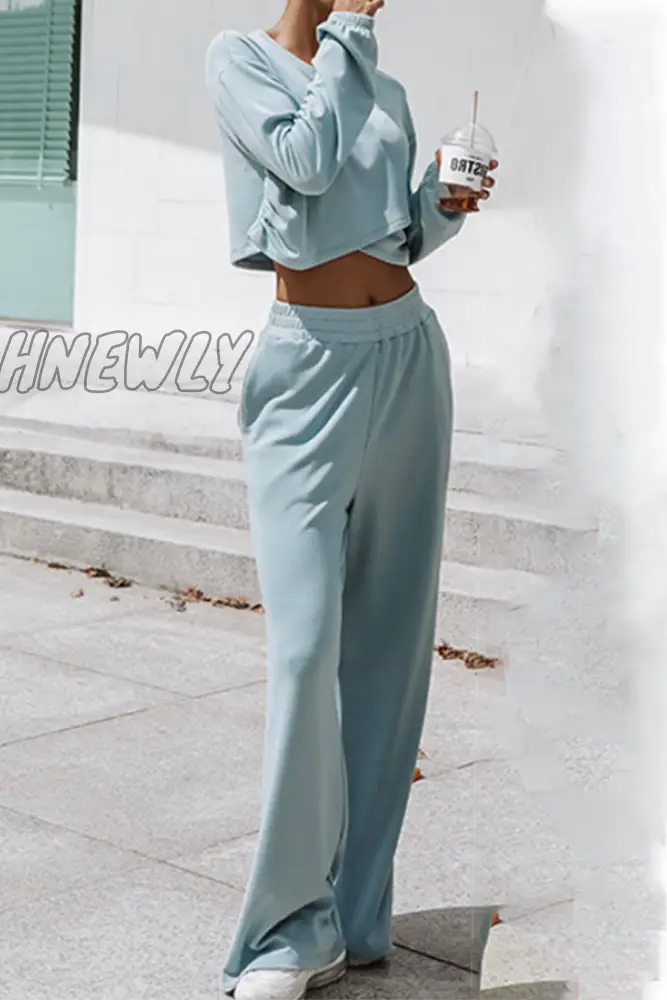 Hnewly - Casual Street Solid Split Joint Basic O Neck Long Sleeve Two Pieces Blue / S
