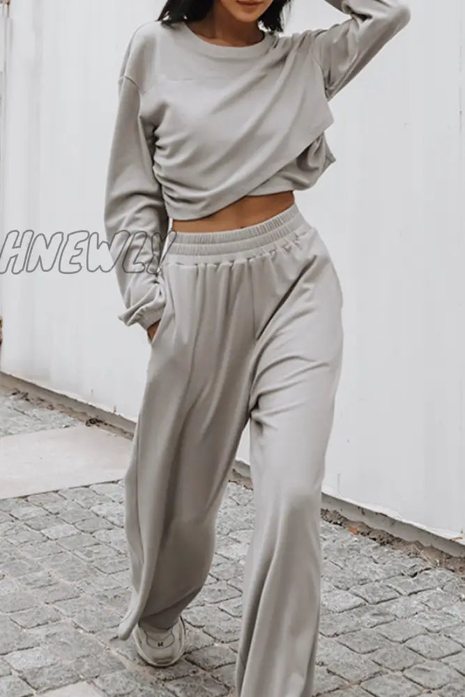 Hnewly - Casual Street Solid Split Joint Basic O Neck Long Sleeve Two Pieces Pieces/Two-Piece Pants