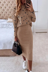 Hnewly - Casual The Stars Patchwork O Neck Long Sleeve Two Pieces(7 Colors) Khaki / S