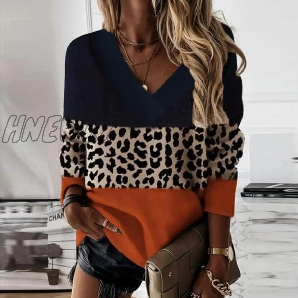 Hnewly Casual Women Pullover Vintage 3 Color Patchwork Leopard Sweatshirts Office Lady Sexy V Neck