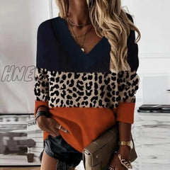 Hnewly Casual Women Pullover Vintage 3 Color Patchwork Leopard Sweatshirts Office Lady Sexy V Neck