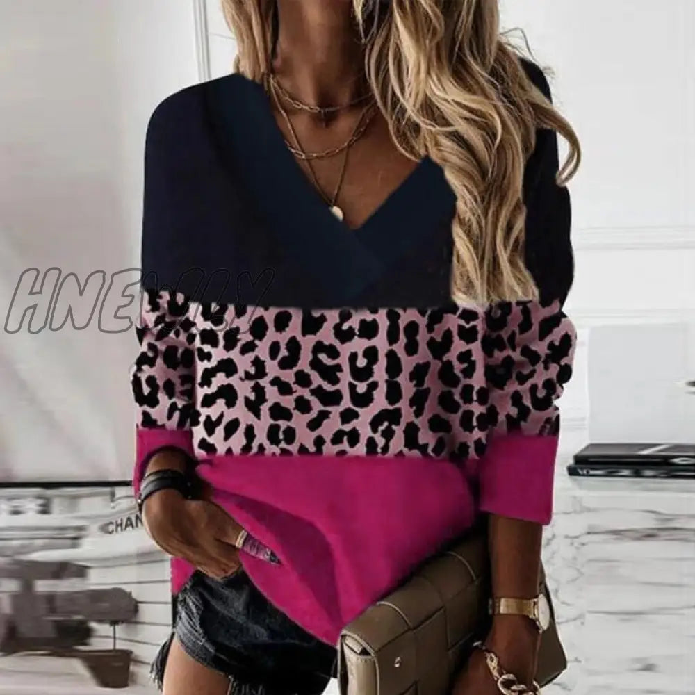 Hnewly Casual Women Pullover Vintage 3 Color Patchwork Leopard Sweatshirts Office Lady Sexy V Neck