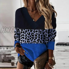 Hnewly Casual Women Pullover Vintage 3 Color Patchwork Leopard Sweatshirts Office Lady Sexy V Neck