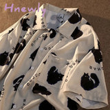 Hnewly Cat Graffiti Shirt Street Style Crop Top Women Summer Women's Shirts Short Sleeve Cool Blouse Korea Shirt for Women