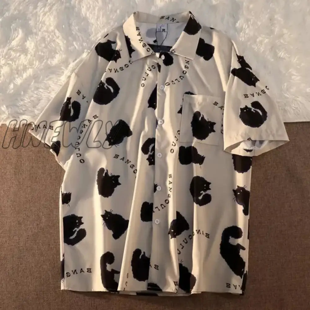 Hnewly Cat Graffiti Shirt Street Style Crop Top Women Summer Women’s Shirts Short Sleeve Cool