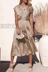 Hnewly - Celebrities Elegant Solid Bandage U Neck Dresses(6 Colors) Apricot / S Dresses/Party And
