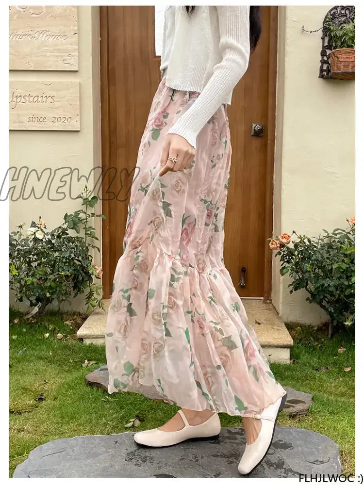 2023 Chic Korea Clothes Summer Women Cute Sweet Girls Floral Printed Robe Holiday Date High Waist