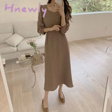 Hnewly Chic Korean Fashion Women Temperament Office Lady Elegant Work Basic Wear Solid Vintage Long