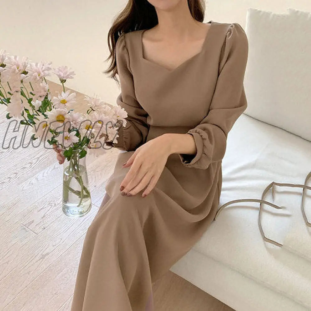 Hnewly Chic Korean Fashion Women Temperament Office Lady Elegant Work Basic Wear Solid Vintage Long