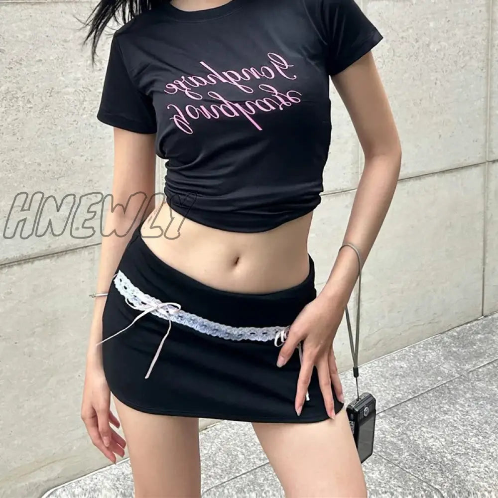Hnewly Chic Lace Stitch Black Skirt Y2K Bow Up High-Waist Hip Skirts Summer Streetwear Vacation