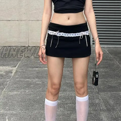Hnewly Chic Lace Stitch Black Skirt Y2K Bow Up High-Waist Hip Skirts Summer Streetwear Vacation