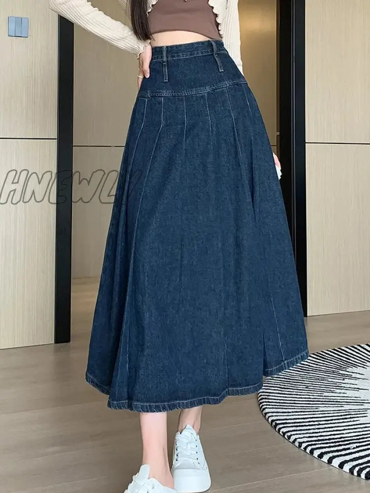 Hnewly Chic Pleated Jeans Skirts Spring Autumn High Waist Long Washing Ladies Straight Women