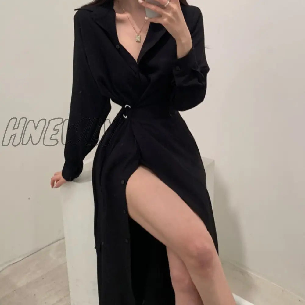 Hnewly Chic Slim Waist Shirt Dress Woman Clothes Single-Breasted Sexy Split Long Dresses Female