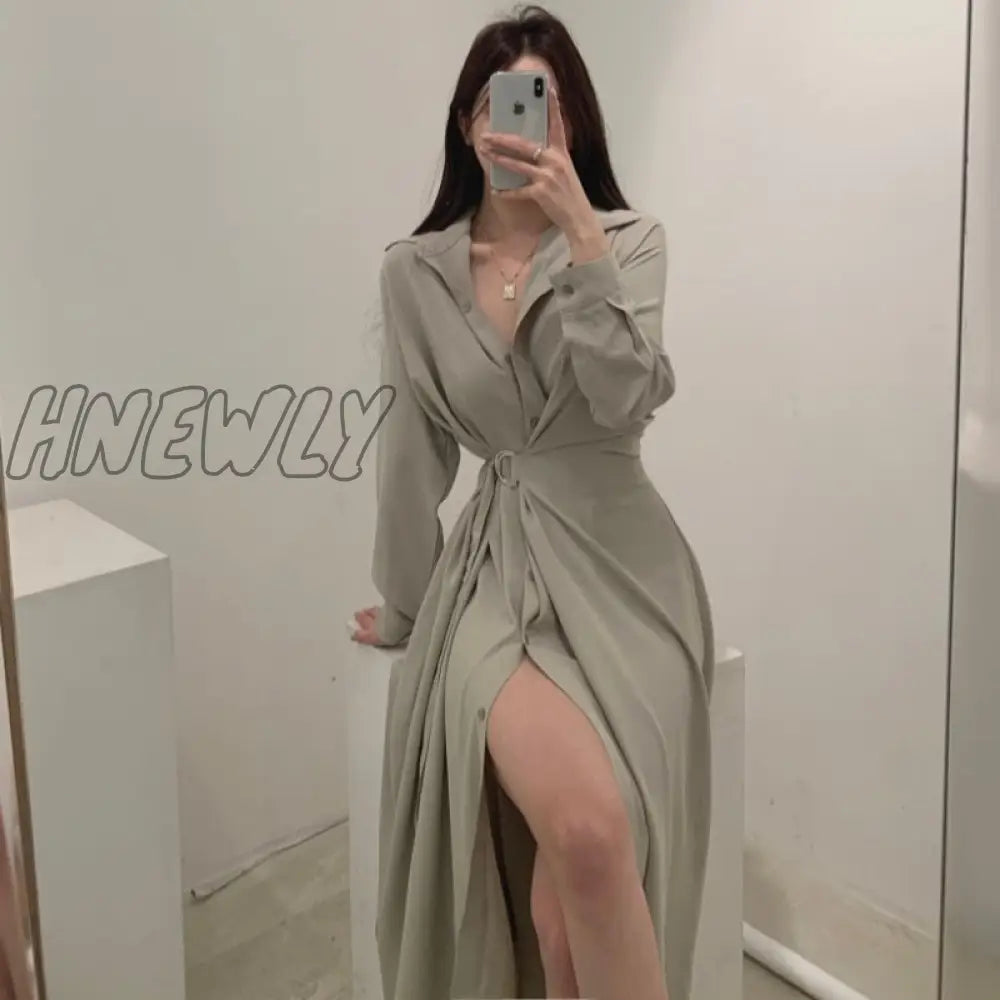 Hnewly Chic Slim Waist Shirt Dress Woman Clothes Single-Breasted Sexy Split Long Dresses Female