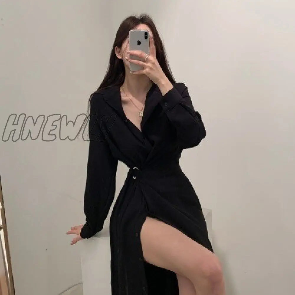 Hnewly Chic Slim Waist Shirt Dress Woman Clothes Single-Breasted Sexy Split Long Dresses Female