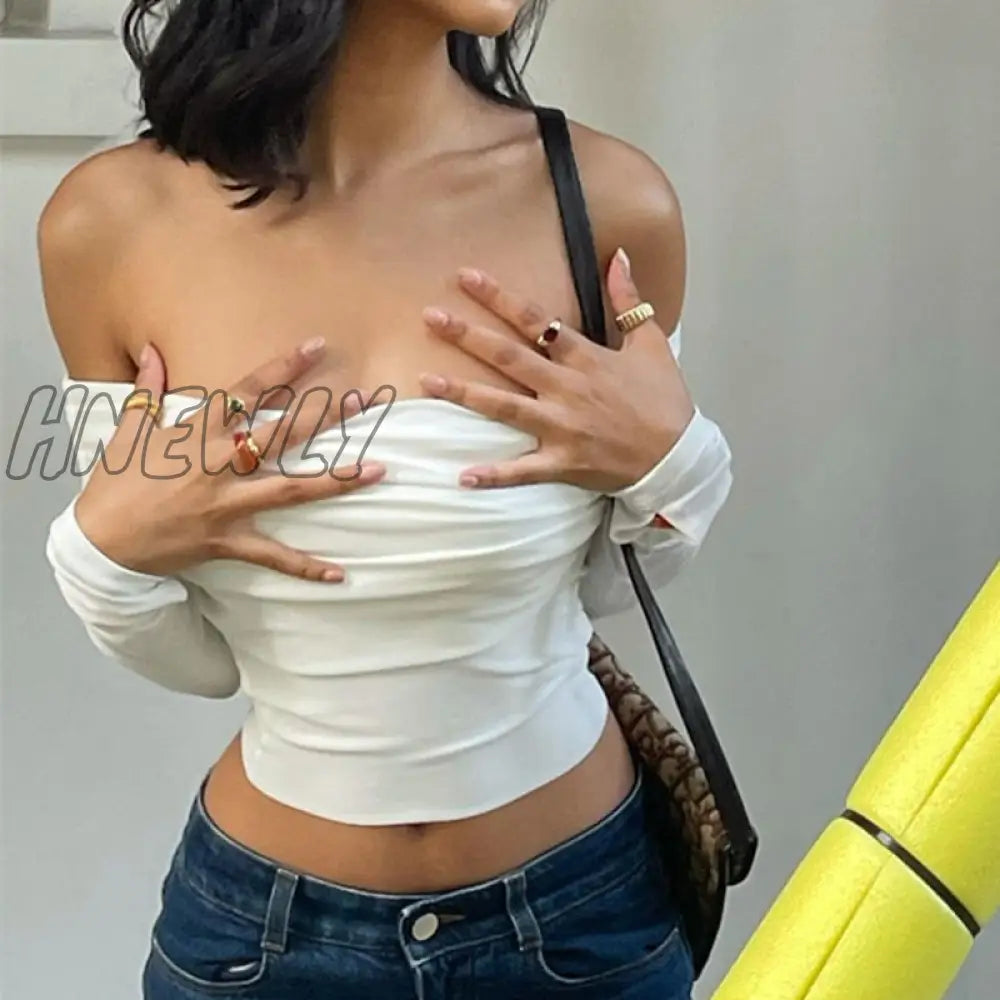 Hnewly Chic Women Sexy Off Shoulder T-Shirt Spring Long Sleeve Slim Fit Crop Top Y2K Vintage