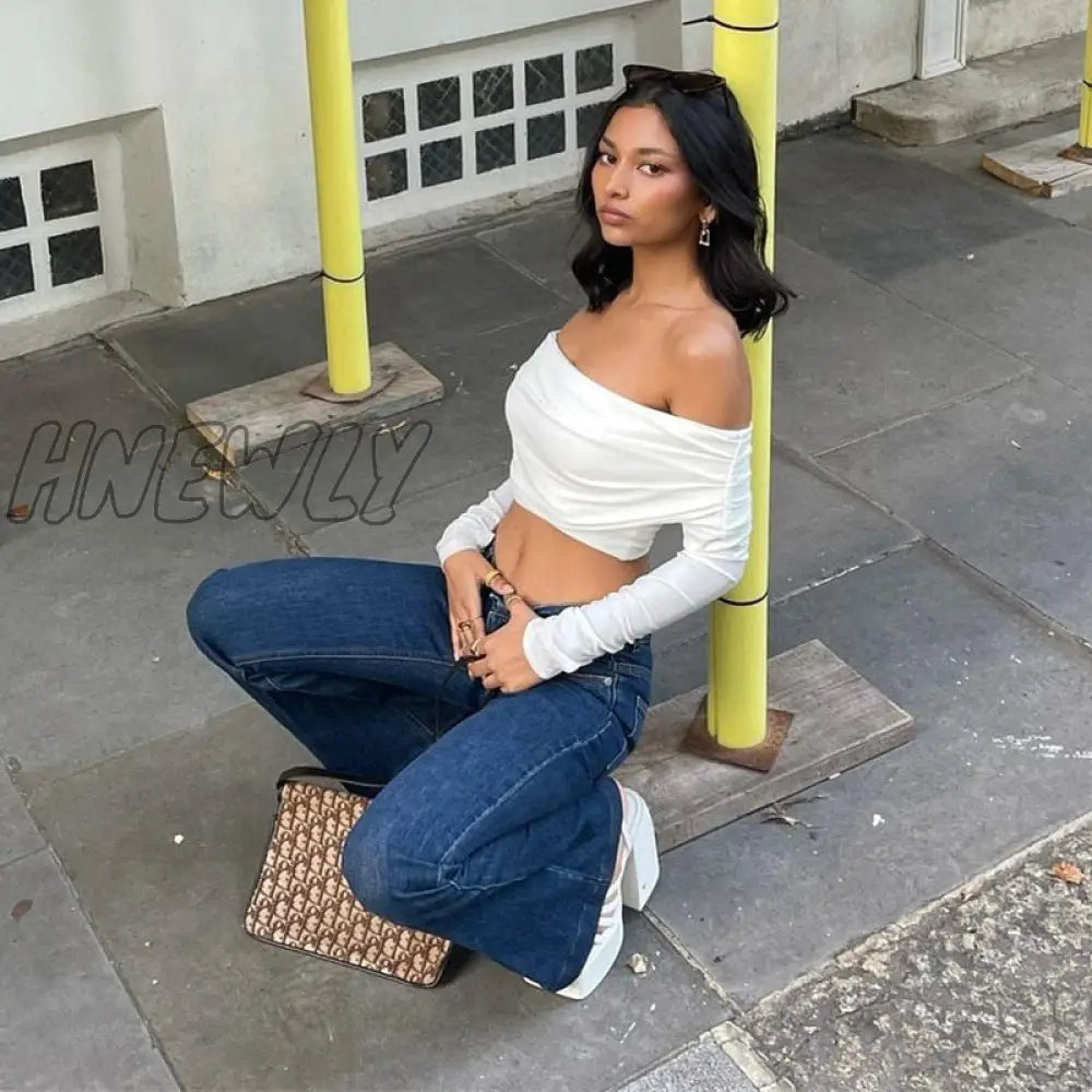 Hnewly Chic Women Sexy Off Shoulder T-Shirt Spring Long Sleeve Slim Fit Crop Top Y2K Vintage