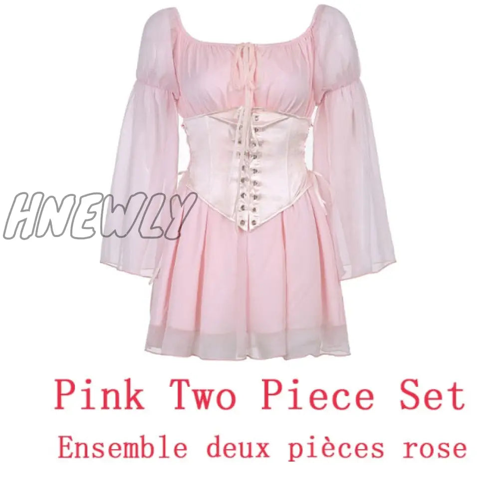 Hnewly Chiffon Slash Neck Mini Dress Women Summer Beach Vacation Long Sleeve Corset Bandage