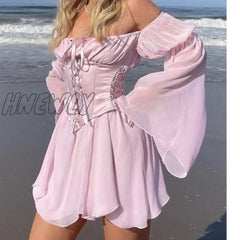 Hnewly Chiffon Summer Dress And Corset Belt 2 Pieces Set Elegant Bustier Flare Sleeve Beach Party