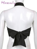 Hnewly Chinese Style Elegant Jacquard Black Halter Top Backless Lace Up Bow Summer Tank Women Sexy