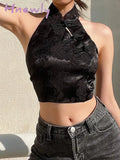 Hnewly Chinese Style Elegant Jacquard Black Halter Top Backless Lace Up Bow Summer Tank Women Sexy