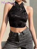 Hnewly Chinese Style Elegant Jacquard Black Halter Top Backless Lace Up Bow Summer Tank Top Women Sexy Vest Gothic Crop Tops
