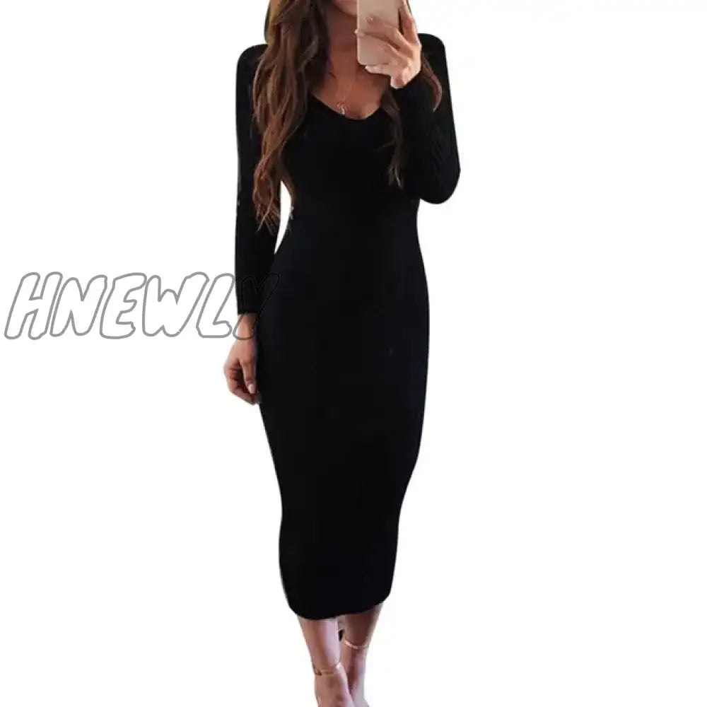 Hnewly Christmas Casual Dresses For Women Sexy Long Sleeve V Neck Backless Ribbed Bodycon Slim