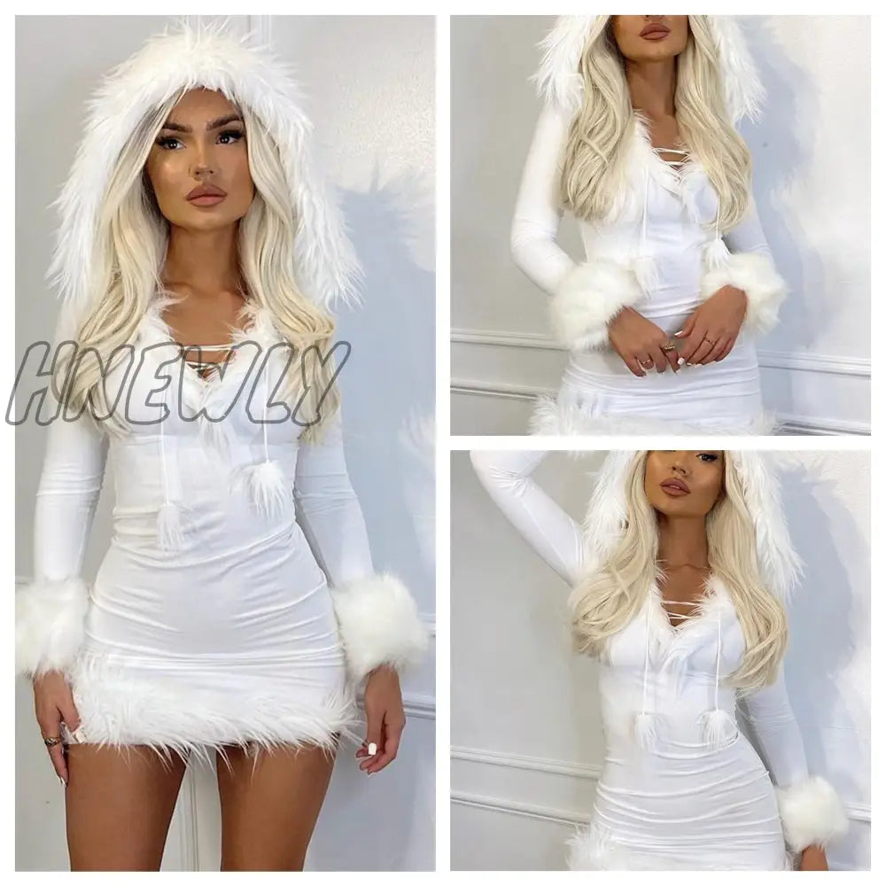 Hnewly Christmas Lady Sexy Plush Skirt Women’s Dress Hem Splicing Frenulum Solid Color V-Neck