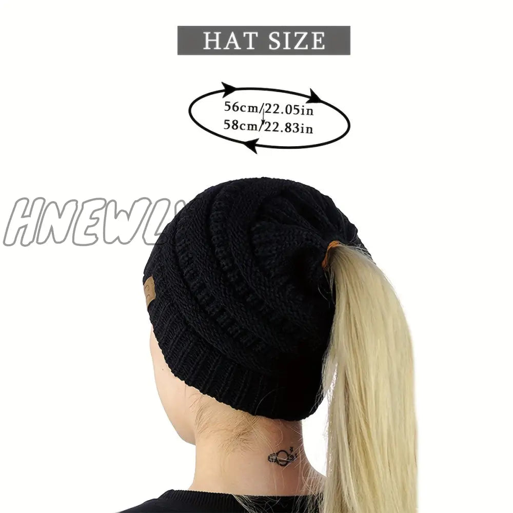 Hnewly Classic Coldproof Thick Beanie With Ponytail Hole Solid Color Chunky Cable Knit Hats Label