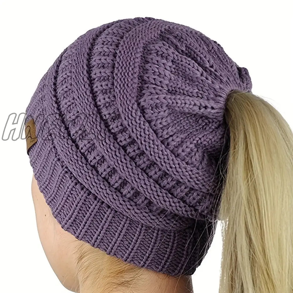 Hnewly Classic Coldproof Thick Beanie With Ponytail Hole Solid Color Chunky Cable Knit Hats Label