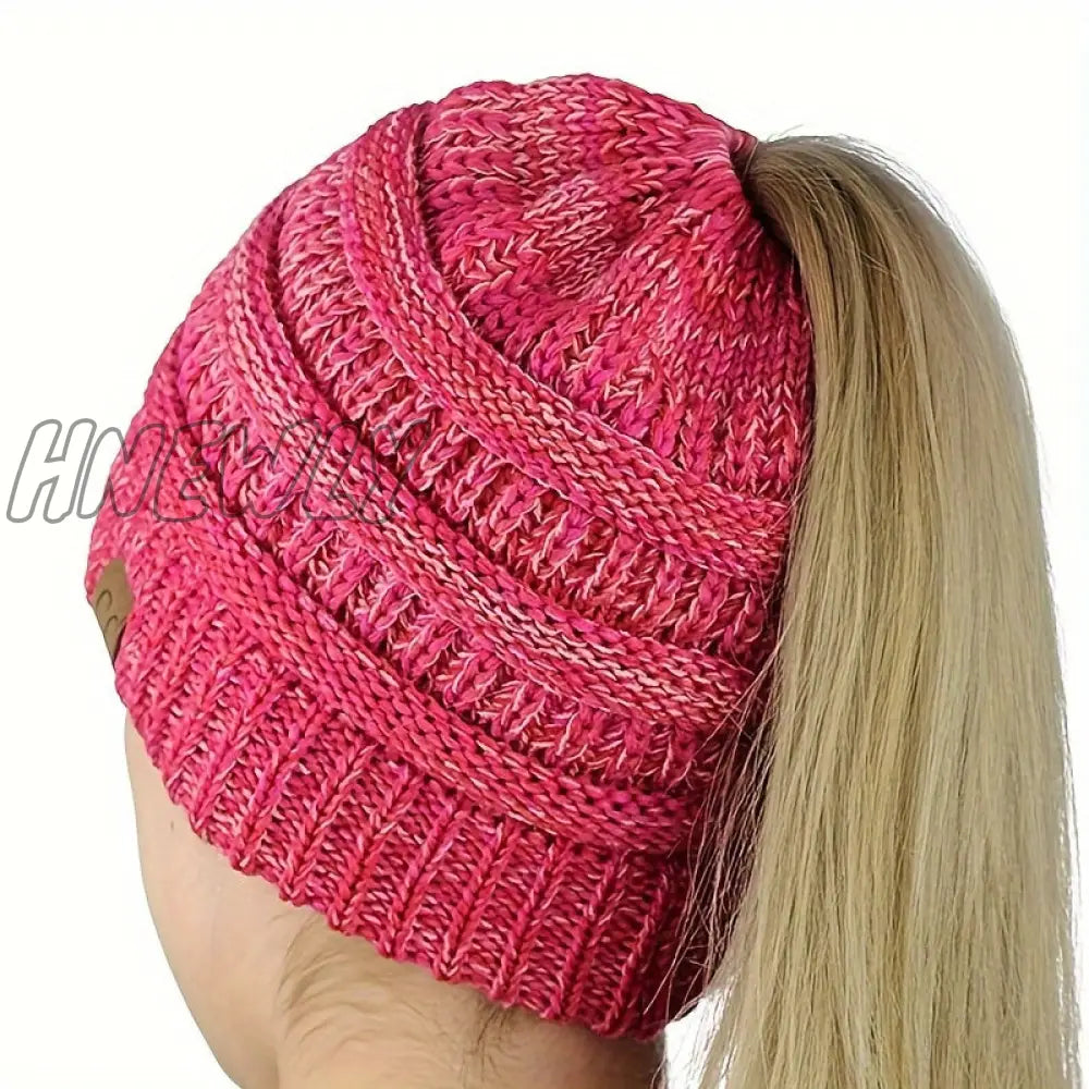 Hnewly Classic Coldproof Thick Beanie With Ponytail Hole Solid Color Chunky Cable Knit Hats Label
