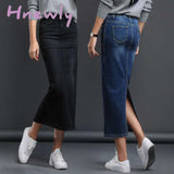 Hnewly Classic Denim Skirt Women Long Jean High Waist Pencil Ladies Stretch Black Blue Faldas