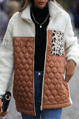 Hnewly - Coffee Casual Animal Print Pocket Turndown Collar Outerwear Coats