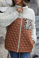 Hnewly - Coffee Casual Animal Print Pocket Turndown Collar Outerwear Coats