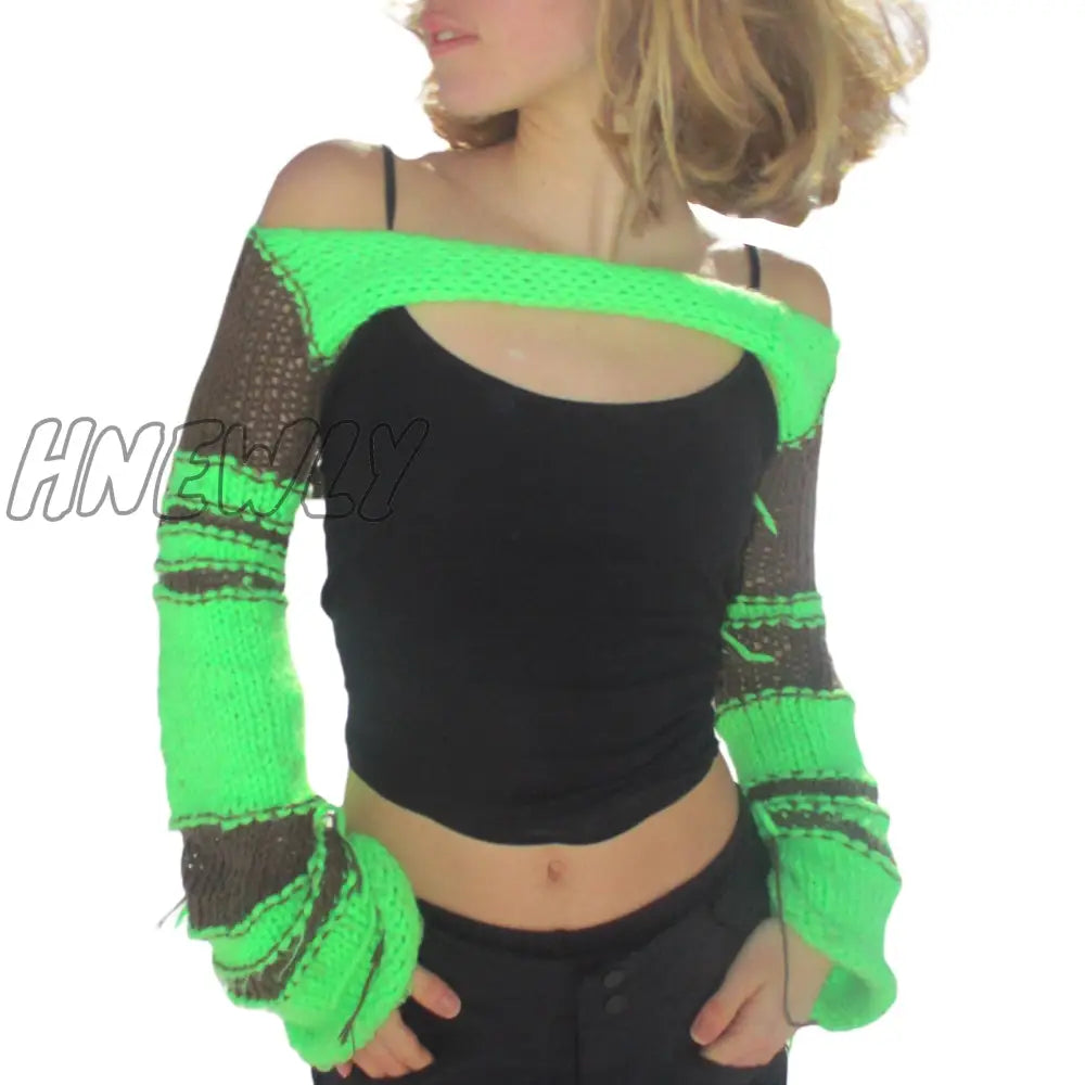 Hnewly Color Contrast Knitted Crop Tops Women Summer Fall Long Sleeve Casual Pullover Sweaters