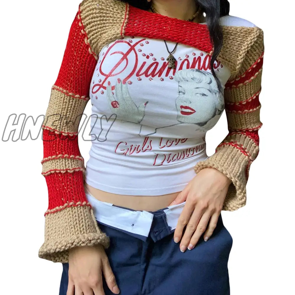 Hnewly Color Contrast Knitted Crop Tops Women Summer Fall Long Sleeve Casual Pullover Sweaters