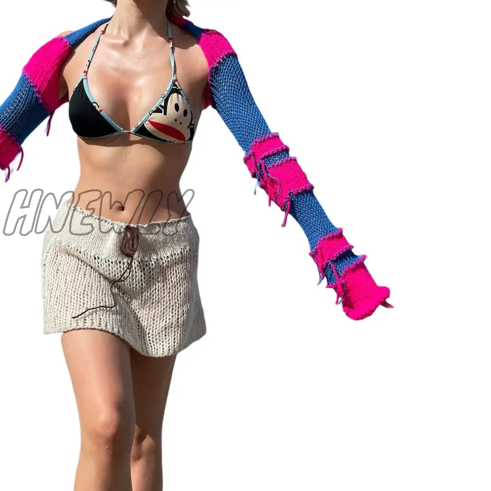 Hnewly Color Contrast Knitted Crop Tops Women Summer Fall Long Sleeve Casual Pullover Sweaters