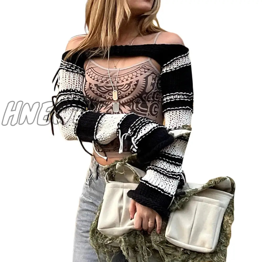 Hnewly Color Contrast Knitted Crop Tops Women Summer Fall Long Sleeve Casual Pullover Sweaters