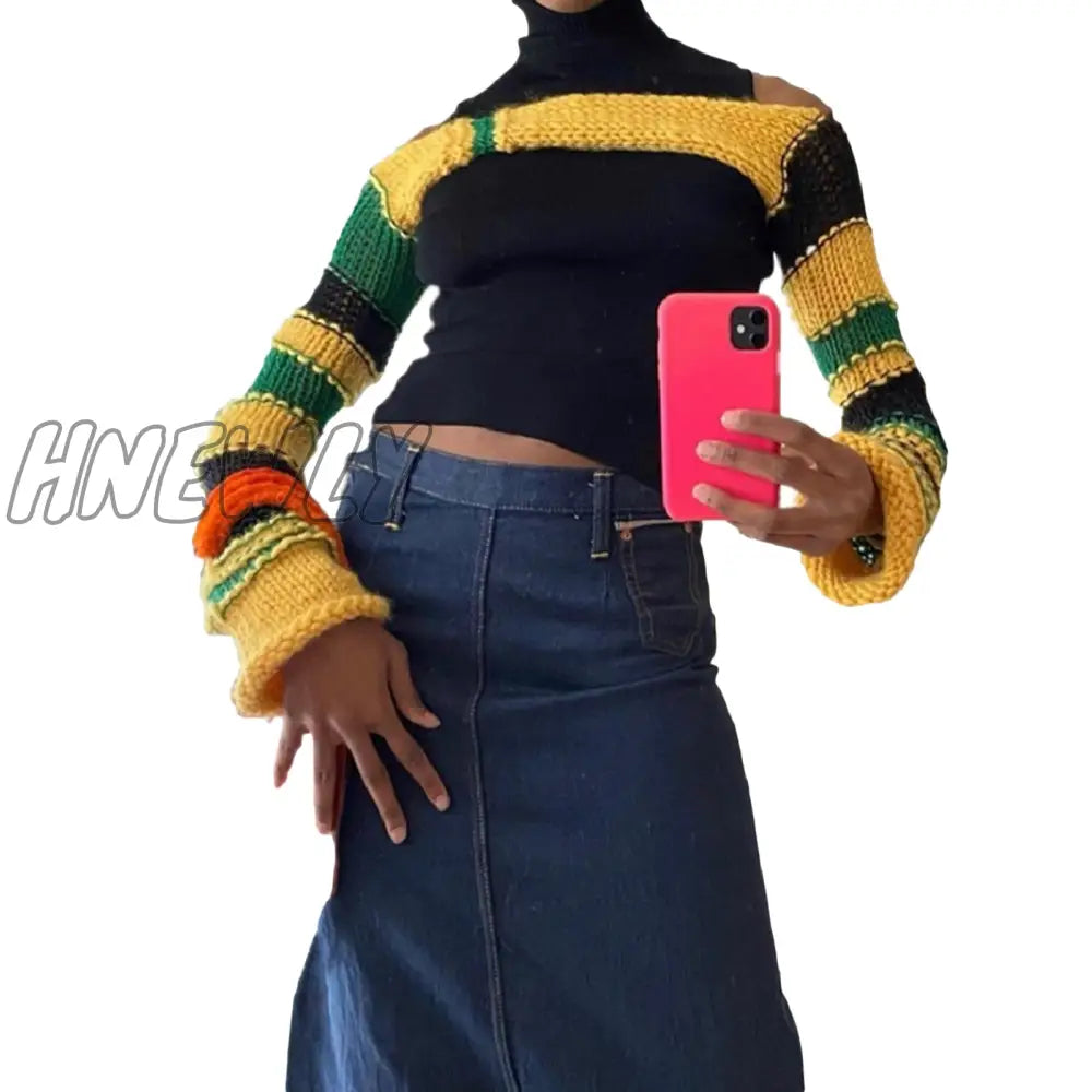 Hnewly Color Contrast Knitted Crop Tops Women Summer Fall Long Sleeve Casual Pullover Sweaters