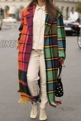 Hnewly - Colour Street Elegant Plaid Contrast Turn-Back Collar Outerwear Coats Coats & Cardigan