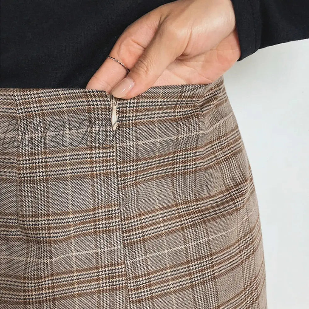 Hnewly Comelsexy Plaid Print Notched Blazer Suit + High Waist Pencil Skirt Set Vintage Autumn