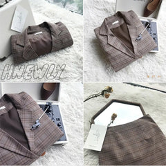 Hnewly Comelsexy Plaid Print Notched Blazer Suit + High Waist Pencil Skirt Set Vintage Autumn