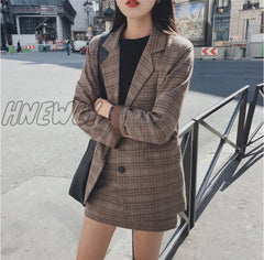 Hnewly Comelsexy Plaid Print Notched Blazer Suit + High Waist Pencil Skirt Set Vintage Autumn