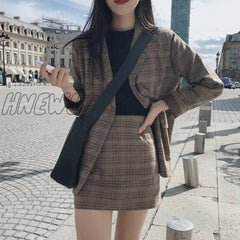 Hnewly Comelsexy Plaid Print Notched Blazer Suit + High Waist Pencil Skirt Set Vintage Autumn