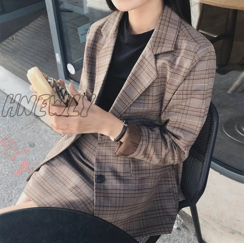 Hnewly Comelsexy Plaid Print Notched Blazer Suit + High Waist Pencil Skirt Set Vintage Autumn