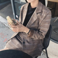Hnewly Comelsexy Plaid Print Notched Blazer Suit + High Waist Pencil Skirt Set Vintage Autumn