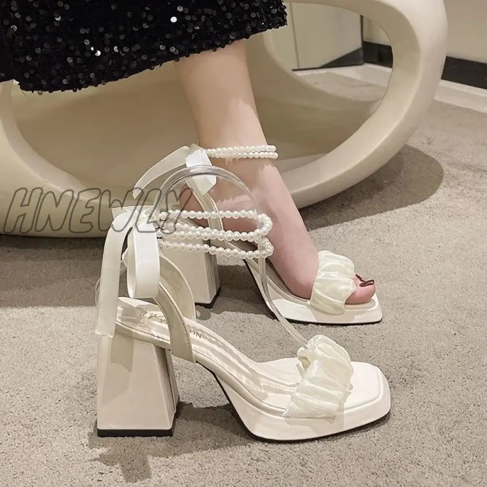 Comfort Shoes For Women Pearl Sandals Suit Female Beige Increasing Height Block Heels All-Match